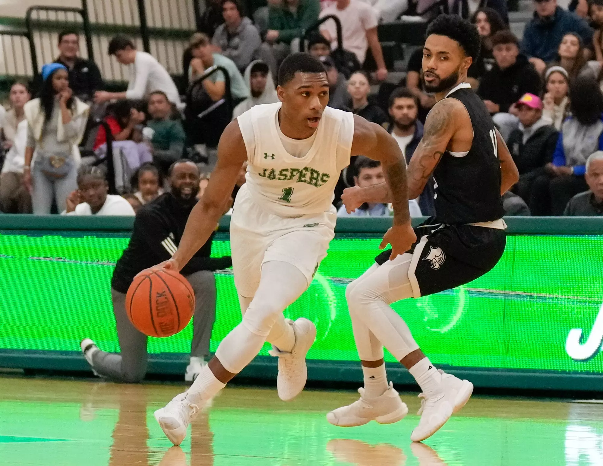 RIVERDALE, NY - NOVEMBER 16:  action during a game between the Manhattan College Jaspers and the Felician University Golden Falcons at Draddy Gymnasium on November, 16, 2023 in New York City. (Photo by Porter Binks).